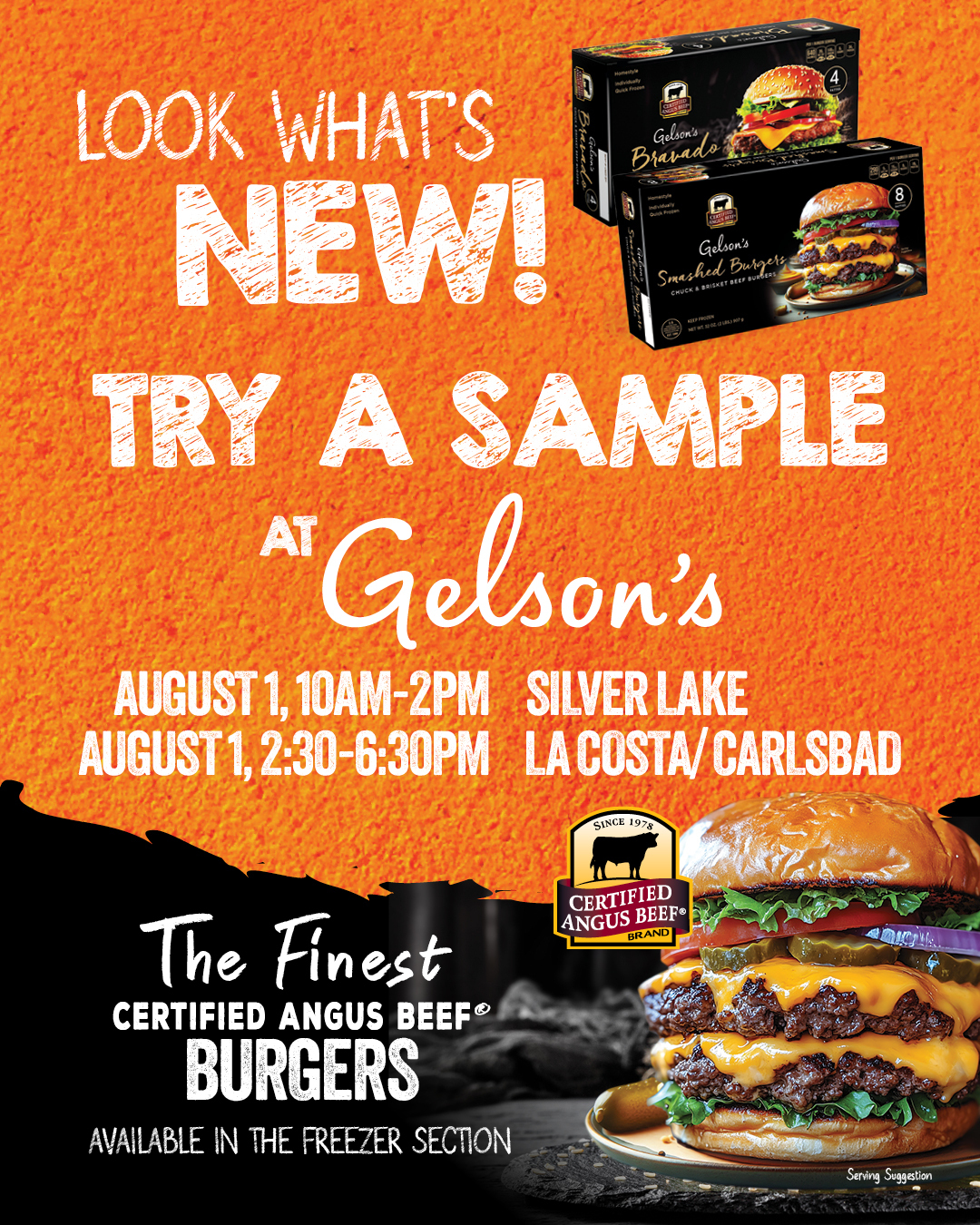 Sample Gelson’s Certified Angus Beef® Bravado & Smashed Burgers — Starting August 1st!
