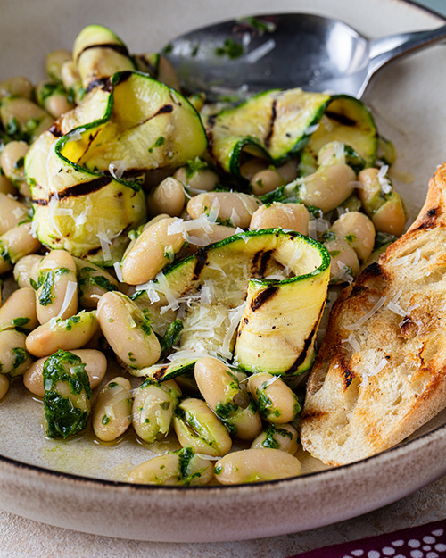 Grilled Zucchini Ribbons, White Beans & Pesto