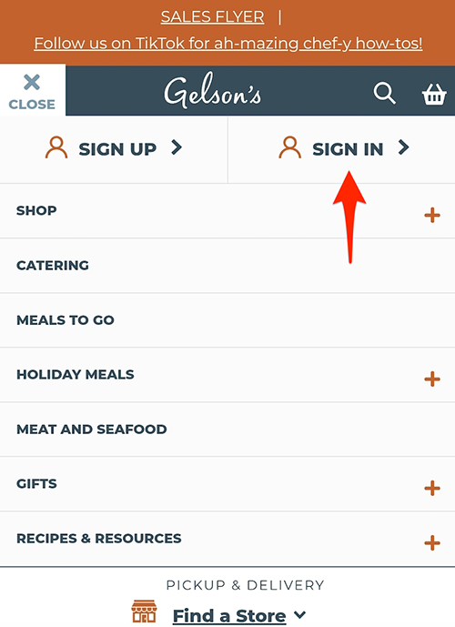 Screenshot of sign in page for Gelson's Rewards on Mobile