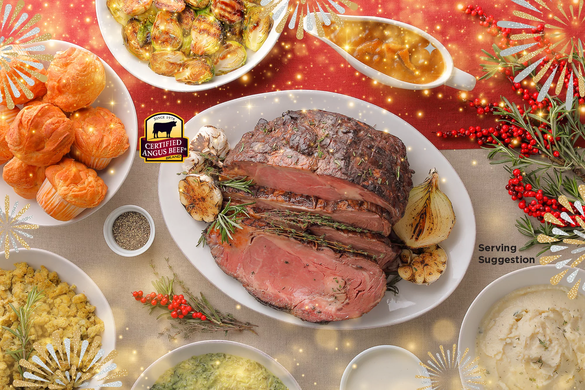 sliced prime rib on plate surrounded by side dishes with Serving Suggestion text and certified angus beef logo