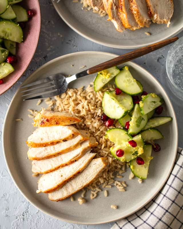 Roasted Chicken with Coconut Rice and Ginger Cucumbers