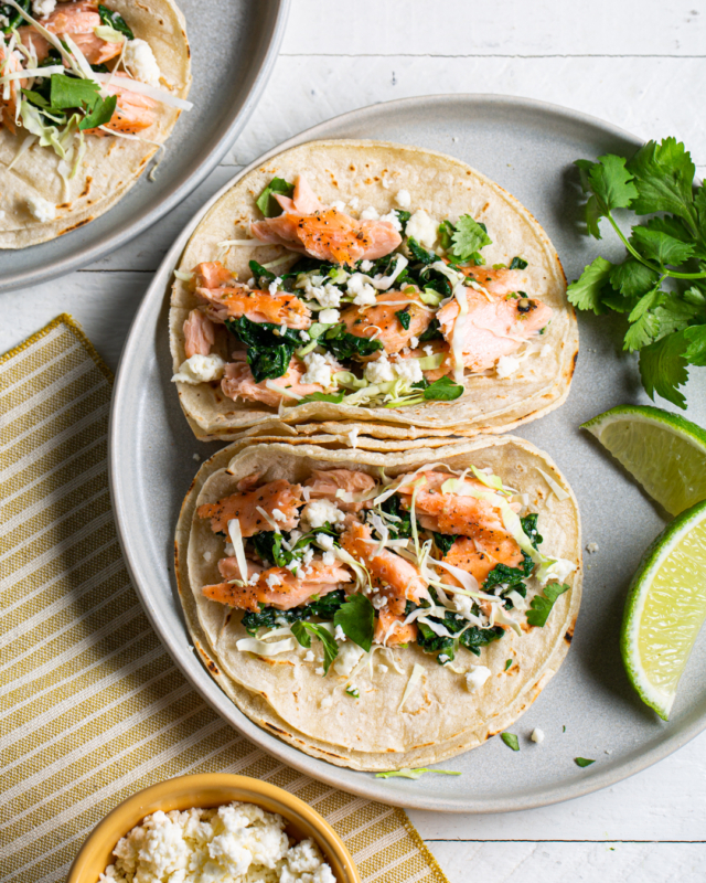 Salmon Tacos With Greens and Tomatillo Salsa