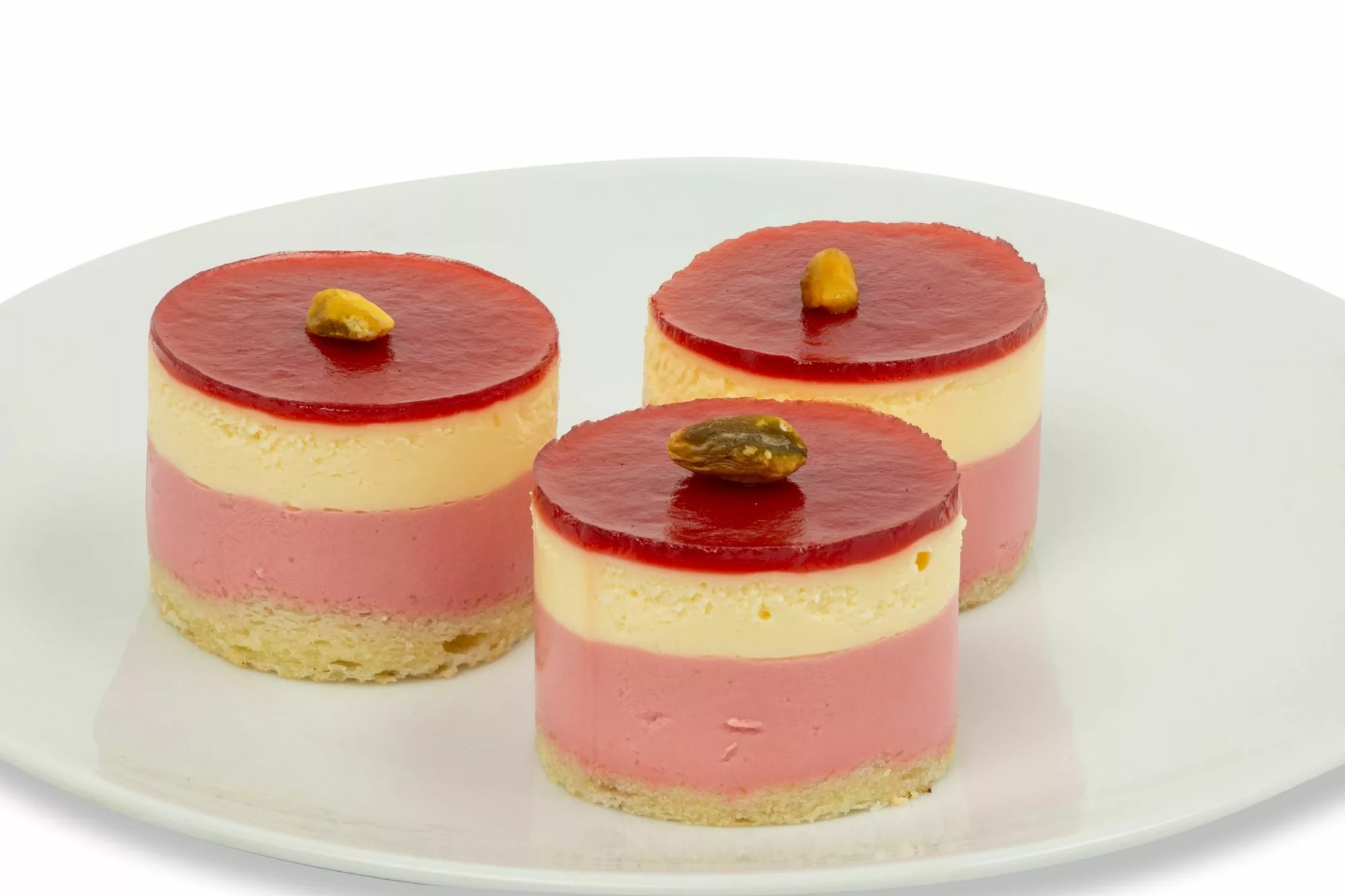 Raspberry and mascarpone mousse over chiffon sponge cake. Includes 6 pieces.